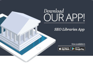 A Greco-Roman building with columns resint on a digital tablet device. Text reads Download our app! SEO Libraries app. Available aas either iOS or Android