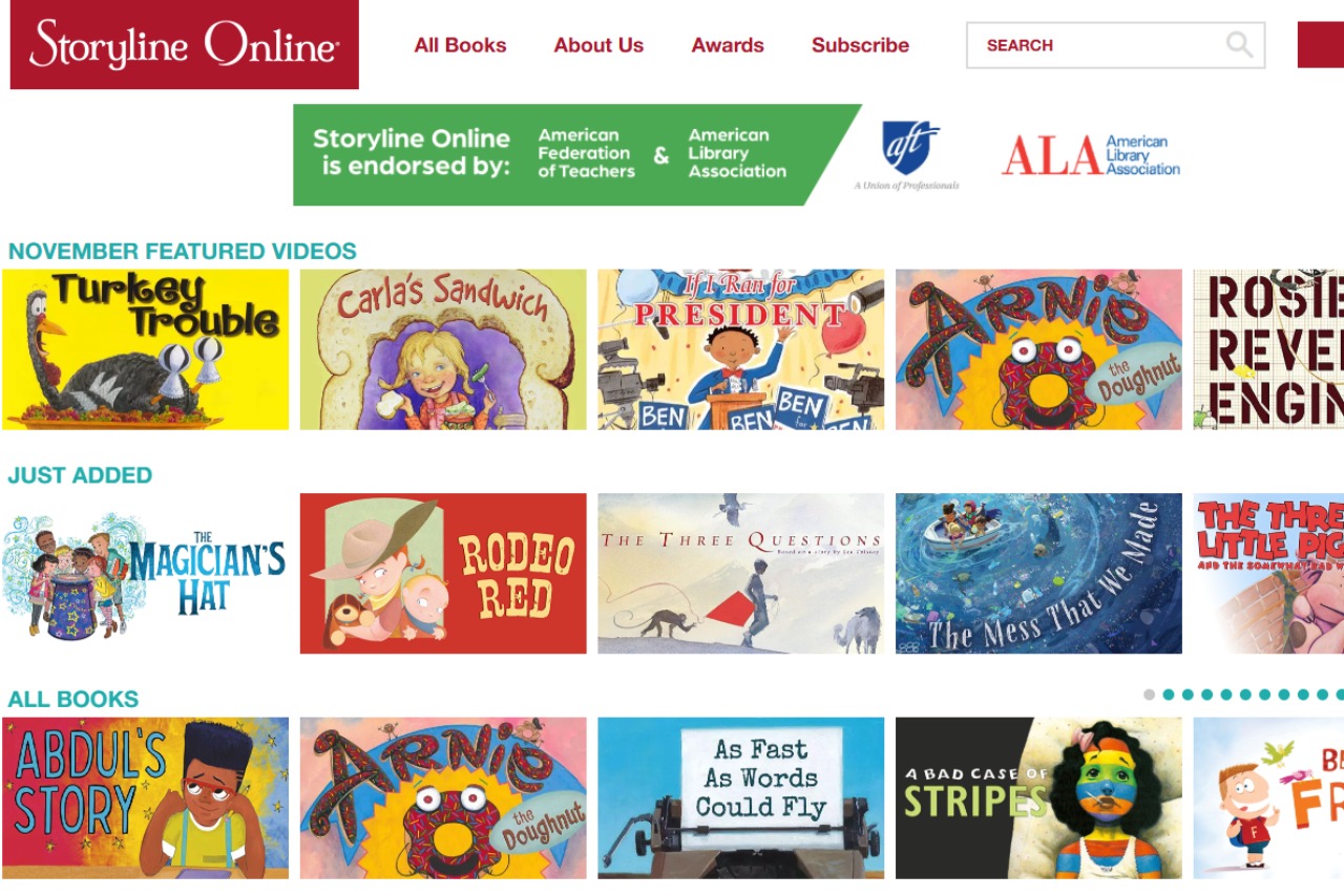 Storyline Online home page showing a changing selection of children's picture book titles