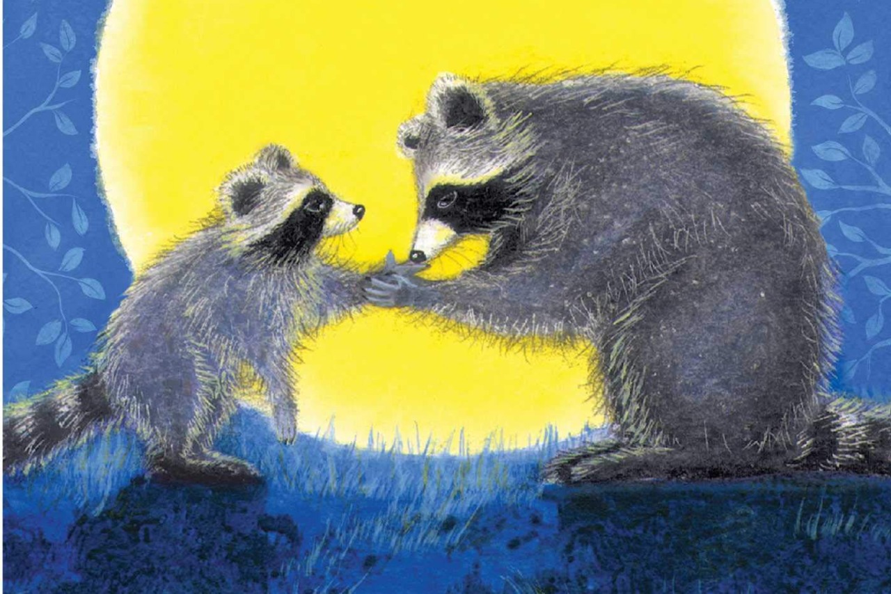 Mother and baby raccoon in front of a large yellow moon