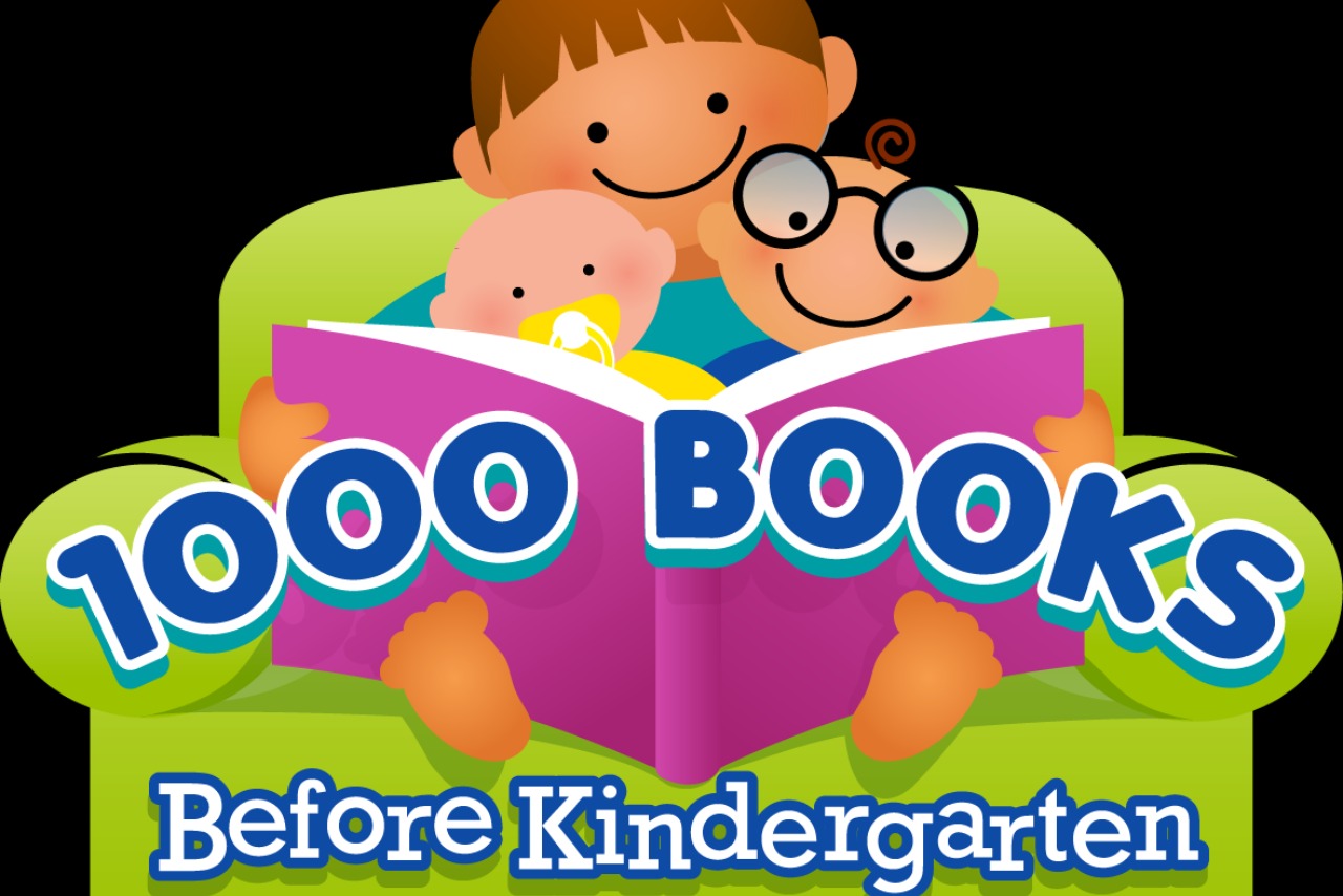 1000 books before kindergarten logo displaying three cartoon children sitting and holding an open book