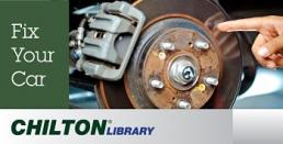 Chilton Library logo of "fix your car" pictured with an automobile brake assembly