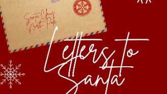 White text reading Letters to Santa on red background with a Christmas envelope