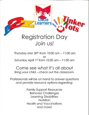 Perry Cook Library's flyer for Registration Day for A2Z, Little Learners, and Tinker Tots programs